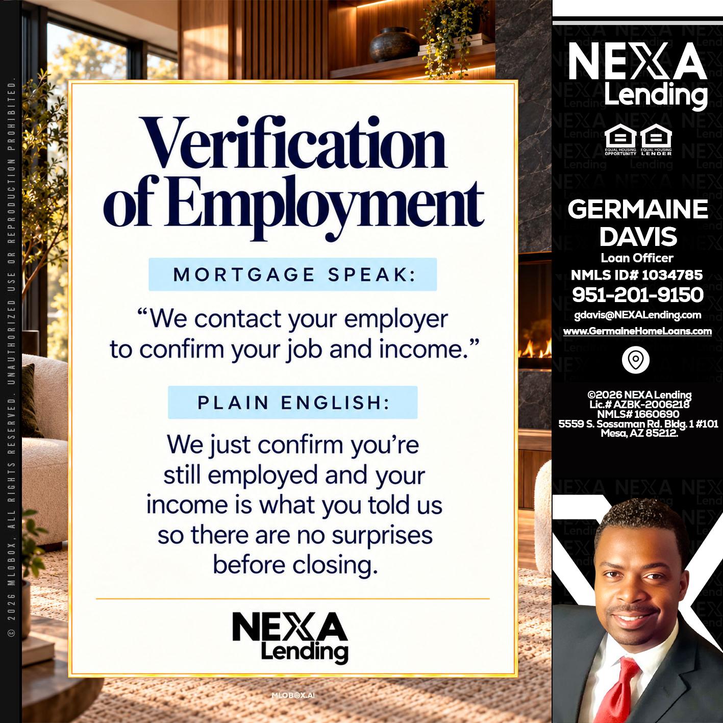 VERIFICATION OF EMPLOYMENT - Germaine Davis -Loan Officer